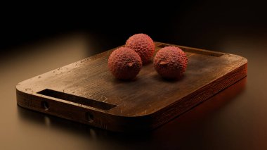 Stüdyo natürmort fotoğraf üç taze lychee meyve rustik ahşap tepsi üzerinde düzenlenmiş, koyu arka plan ve sıcak ışık onların kaba kırmızı cilt ve tropikal canlılık vurguluyor.