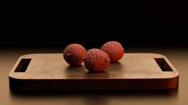 Kırsal bir ahşap tepside üç liçi meyvesinin yakın plan bir yaşamı, karanlık stüdyo arka planıyla fotoğraflanmış ve onların dokulu cildini ve tropikal cazibesini vurgulamak için ışığı kontrol etmiş..