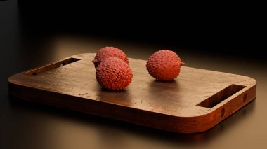 Minimalist natüralist yaşam, iki olgun liçi meyvenin kırsal bir servis tepsisinde dinlendiğini, dramatik yan ışıklandırma ve koyu arka planda çekilmiş, doğal tropikal dokuları geliştirmek için..