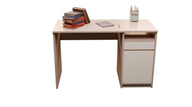 Üzerinde kitap ve kalem tutacağı olan, beyaz bir arkaplanda izole edilmiş basit bir öğrenci masasının resmedilmiş hali. Okula dönmek ve görsellik öğrenmek için uygun.