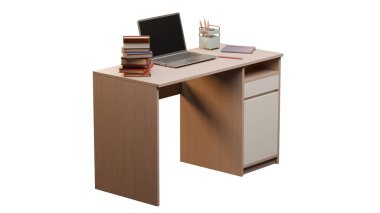 Düz beyaz arka planda izole edilmiş, üzerinde kitap ve kalem tutacağı olan üç boyutlu bir öğrenci masası resmi. Okul, öğrenim ve akademik görseller için harika..