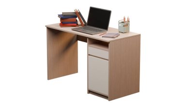 Dizüstü bilgisayarı, istiflenmiş kitapları ve beyaz arka planda izole edilmiş kalem tutacağı olan bir öğrenci masasının resmi. Eğitim, çalışma alanı ve okul görselleri için ideal.