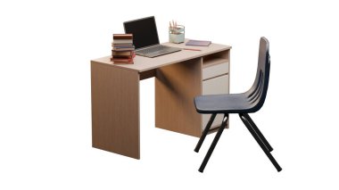 3D dizüstü bilgisayarı, istiflenmiş kitapları, kalem tutacağı ve beyaz arka planda izole edilmiş sandalyeli okul masası. Akademik, eğitim ve okul tasarımları için ideal.