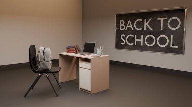 Ahşap bir masa, dizüstü bilgisayar, kitaplar ve sandalyenin bulunduğu modern bir sınıf sahnesi, 'Okula Dönüş' kelimelerini gösteren, akademik öğrenme ve hazırlığı sembolize eden bir karatahta..