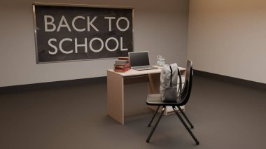 Dizüstü bilgisayarı, kitapları ve sandalyesi olan basit bir sınıf kurulumu 'Okula Dönüş' başlıklı bir tahtanın önünde, temiz bir akademik temayı çağrıştırıyor..