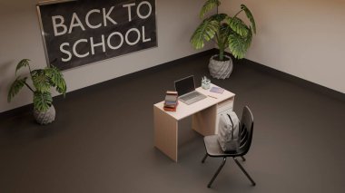 Dizüstü bilgisayarı, kitapları ve sırt çantasıyla dolu geniş bir sınıf manzarası 'Okula Dönüş' karatahtası önünde saksı bitkilerinin yanına yerleştirilmiş..