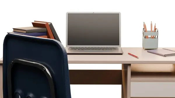 Dizüstü bilgisayarı, kitapları ve kalem tutacağı olan bir öğrenci masasının ön görüntüsü beyaz bir arkaplanda izole edilmiş. Eğitim için mükemmel ve okula dönüş görselleri.