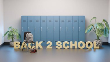 Dolap, sırt çantası ve sandalye ile 'Back 2 School' metnini koridor ortamında göstererek eğitime geri dönüşünü sembolize eden yaratıcı 3D canlandırma.