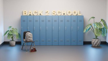 Altın rengi 'Back 2 School' metni, mavi dolaplar, sandalye, sırt çantası ve okul sezonunun başlangıcını sembolize eden dekoratif bitkilerin sahnelendiği sahne.