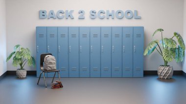 Dolabın, öğrenci koltuğunun, sırt çantasının ve minimalist bir okul koridorunda dekoratif bitkilerin önünde mavi 