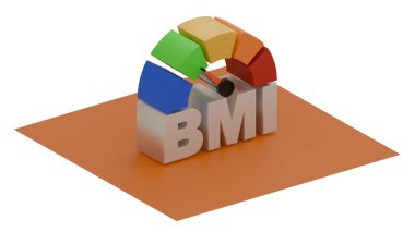Bir BMI gövde kütle indeks grafiğinin biçimlendirilmiş 3D çizelgesi, sağlıklı ve zindelik kavramları için katı turuncu bir arka planda gösterilir.