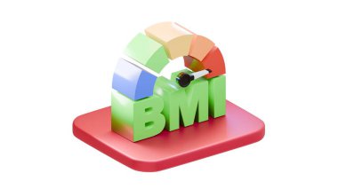 Kırmızı bir zemine monte edilmiş renkli aralık segmentleriyle BMI vücut kütle indeks göstergesinin yaratıcı 3D çizimi, sağlık ve refah uygulamaları için beyaz arka planda izole edilmiş.