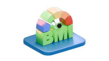 Bir BMI vücut kütle indeksi grafiğinin yaratıcı 3D çizimi mavi bir zemine monte edilmiş renkli bölümler, tıbbi ve sağIık amacıyla beyaz arka planda izole edilmiş.