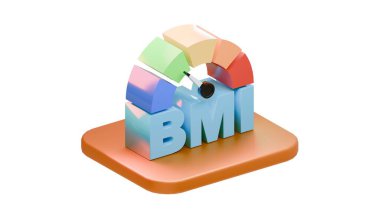 Beyaz arka planda izole edilmiş turuncu tabanda bulunan bir BMI vücut kütle indeks göstergesinin renkli 3D görüntülemesi, sağlık, sağlık ve vücut ağırlığı sınıflandırmasını sembolize eder.