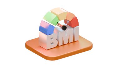 Turuncu bir zemine yerleştirilmiş renkli segmentlerle bir BMI vücut kütle indeks göstergesinin yaratıcı 3D çizimi, tıbbi ve sağlık tasarımları için beyaz arka planda izole edilmiş.