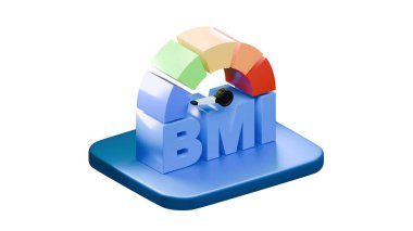 Bir BMI gövde kütle indeks göstergesi 3D rengarenk aralıklarla koyu mavi bir tabana monte edilmiş, sağlık ve tıbbi kavramlar için beyaz arka planda izole.