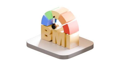 Beyaz arkaplanda izole edilmiş gri bir zeminde renkli segmentler ve altın harflerle BMI vücut kütle endeksinin yaratıcı 3D çizimi.
