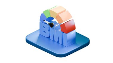 Açık mavi tabanda renkli aralık göstergeleriyle BMI gövde kütle indeksinin yaratıcı 3D görüntüleyicisi, tıbbi ve sağIık grafikleri için beyaza izole edilmiş.