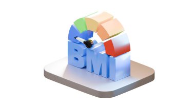 Gri bir zemine monte edilmiş renkli vücut ağırlıklarına sahip bir BMI 'nin stilize edilmiş 3D göstergesi, tıbbi, sağlık ve refah kullanımı için beyaz arka planda izole edilmiş..