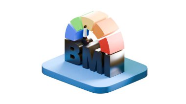 Biçimlendirilmiş bir BMI vücut kütle indeksi göstergesi mavi tabanlı renkli ağırlık sınıflandırması, koyu renkli BMI harfleri, beyaz üzerine izole edilmiş..