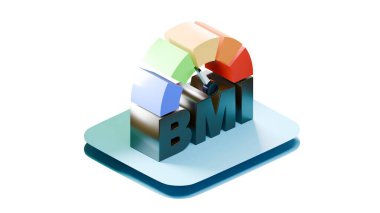 Renkli sınıflandırma aralıkları ve turkuaz bazlı koyu renkli BMI harfleriyle üç boyutlu BMI ölçer, beyaz üzerine izole edilmiş..
