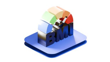 Koyu mavi tabanlı koyu BMI harfleri ve renkli aralıklarla izole edilmiş beyaz arkaplanlı bir BMI sağlık tablosunun modern 3D görüntüsü..