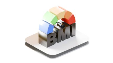 Renkli aralıklarla ve gri platformdaki koyu renkli metinlerle beyaz arkaplanda izole edilmiş bir BMI ölçümünün üç boyutlu tasviri.