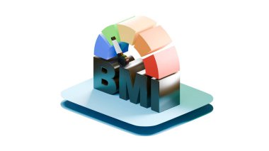 Bir BMI vücut kütle indeks göstergesinin yaratıcı 3D görüntüleyicisi, deniz mavisi tabanında koyu harflerle ve renkli aralıklarla, izole edilmiş beyaz.