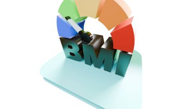 Kalın bir BMI metin ve çok renkli bir gösterge içeren bir vücut kütle indeks tablosunun yüksek çözünürlüklü 3D çizimi, eğitim ve sağlık hizmetleri içeriği için beyaz arka planda izole edilmiş.