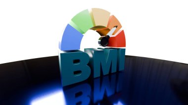 Kaliteli bir BMI çizelgesi koyu mavi harfler ve çok renkli bir ölçü, beyaz bir arkaplan üzerinde temiz bir şekilde izole edilmiş, sağlık, tıbbi ve fitness içeriği için ideal..