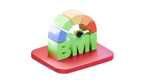 Kırmızı bir zemine monte edilmiş renkli aralık segmentleriyle BMI vücut kütle indeks göstergesinin yaratıcı 3D çizimi, sağlık ve refah uygulamaları için beyaz arka planda izole edilmiş.