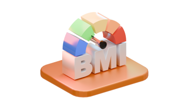 Turuncu bir platformda, çok yönlü sağlık ve zindelik kullanımı için saydam arkaplan üzerinde izole edilmiş, renkli ölçekli bir BMI vücut kütle indeksi ölçer üç boyutlu biçimlendirmesi.