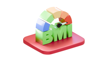 Kırmızı bir platformdaki BMI vücut kütle indeks grafiğinin modern 3D biçimlendirmesi, tıbbi, sağlık ve fitness yaratıcı tasarımları için şeffaf arka planda izole edilmiştir..