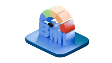 Açık mavi platformdaki BMI sağlık endeksinin modern 3D çizimi, tasarım ve tıbbi projeler için şeffaf arka planda izole edilmiş.