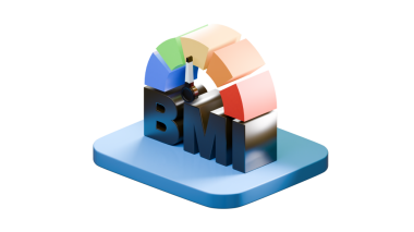 Mavi tabanlı koyu BMI harfleri ve şeffaf arkaplanda izole edilmiş renkli ağırlık aralıkları olan 3 boyutlu bir BMI grafiği..