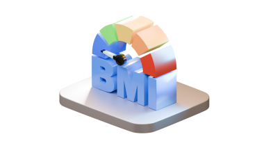 Gri platformda renkli sınıflandırma göstergesine sahip bir BMI grafiğinin 3 boyutlu yorumlanması, tasarım esnekliği için şeffaf arkaplan üzerinde izole edilmiş.