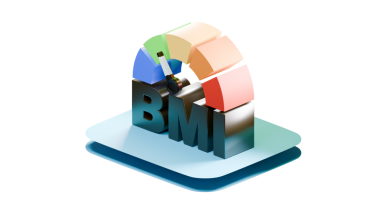 Renkli ağırlık aralıkları ve şeffaf BMI metni ile izole edilmiş, deniz mavisi tabanlı BMI sağlık tabanlı bir BMI 'nin modern 3D çizimi.