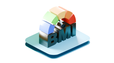 Renkli segmentleri olan, şeffaf arkaplanda izole edilmiş turkuaz tabanlı bir BMI gövde kütle indeksi gösterimi.