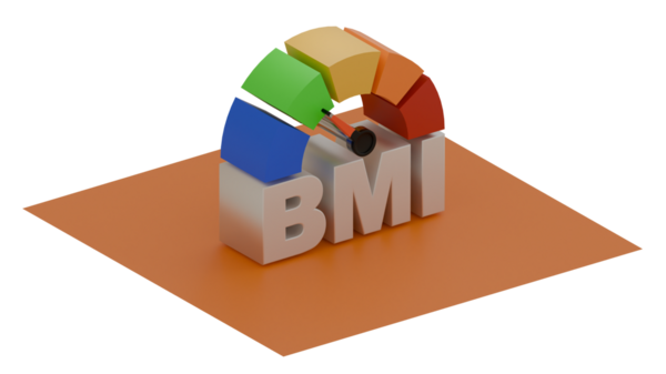Şeffaf arkaplanda izole edilmiş renkli bir BMI vücut kütle endeksi grafiğinin 3D görüntülemesi, sağlık, fitness ve tıbbi çizimler için kullanışlı.