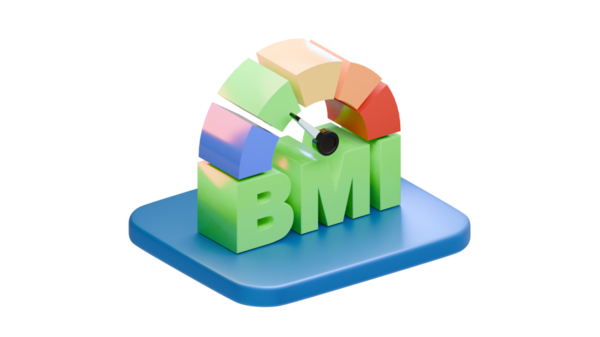 Mavi bir platforma yerleştirilmiş, esnek tıbbi ve tasarım kullanımı için şeffaf arkaplan üzerine izole edilmiş, renkli grafik segmentlerine sahip bir vücut kütle endeksinin 3B çizimi.