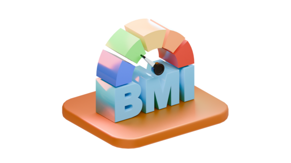 Turuncu bir zeminde, şeffaf arka planda izole edilmiş renkli bir BMI göstergesi, sağlık ve refah tasarım projeleri için ideal..