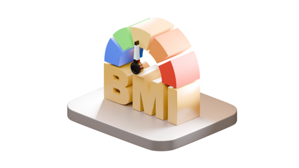 Çok yönlü sağlık ve tıbbi çizimler için saydam arkaplan üzerinde izole edilmiş gri tabanlı altın harflerle renkli bir BMI grafiğinin 3 boyutlu çizimi.