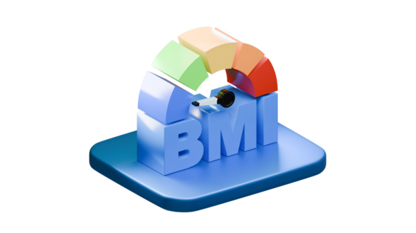 Çok yönlü kullanım için saydam arkaplan üzerinde izole edilmiş koyu mavi tabanlı ve renkli indeks tabanlı bir BMI sayacının 3D stilize çizimi.