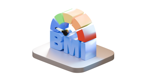 Gri platformda renkli sınıflandırma göstergesine sahip bir BMI grafiğinin 3 boyutlu yorumlanması, tasarım esnekliği için şeffaf arkaplan üzerinde izole edilmiş.