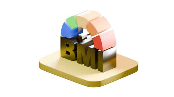 Altında koyu BMI yazılı, şeffaf arkaplanda izole bir BMI renkli sınıflandırma tablosunun 3 boyutlu çizimi.