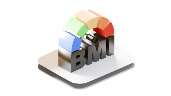 Renkli bölümleri ve gri tabanlı koyu harflerle üç boyutlu BMI metre illüstrasyonu, şeffaf arkaplanda izole edilmiş..