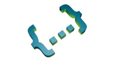 Dinamik açılı kıvrımlı diş teli çifti 3 boyutlu ve temiz beyaz bir arkaplanda izole edilmiş, modern kodlamayı, programlamayı ve yazılım geliştirme kavramlarını sembolize ediyor.