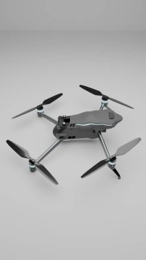 3D çizim, modern UAV teknolojisini ve mühendisliği sembolize eden beyaz arka planda izole edilmiş kuadkopter drone 'un üst açılı perspektifini gösteriyor.