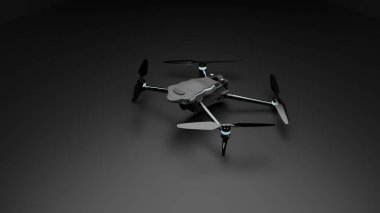 Koyu arka planda izole edilmiş bir kuadkopter drone modern UAV teknolojisi tasarımı ve insansız hava uçuş konseptini temsil ediyor..