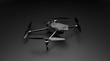 Siyah arka planda izole edilmiş kuadkopter insansız hava aracının üç boyutlu çizimi hava robotik modern UAV teknolojisini ve insansız hava uçuş tasarımını simgeliyor..